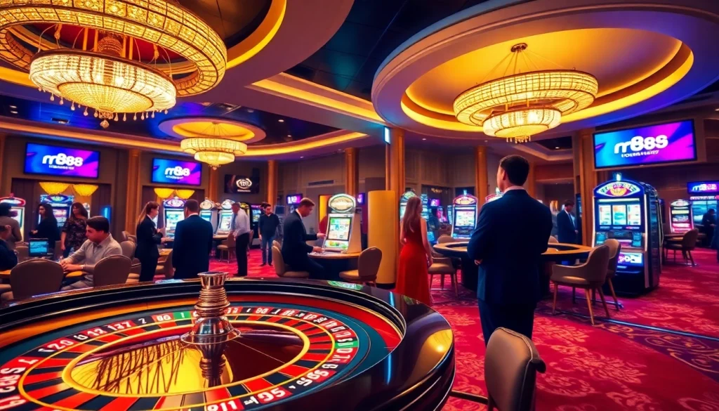 Players enjoying a thrilling game at rr88 casino with vibrant roulette and slot machines.