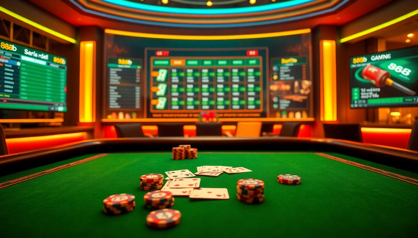 Engaging scene of gambling action with nhà cái 888b, showcasing poker chips and cards at a professional casino table.