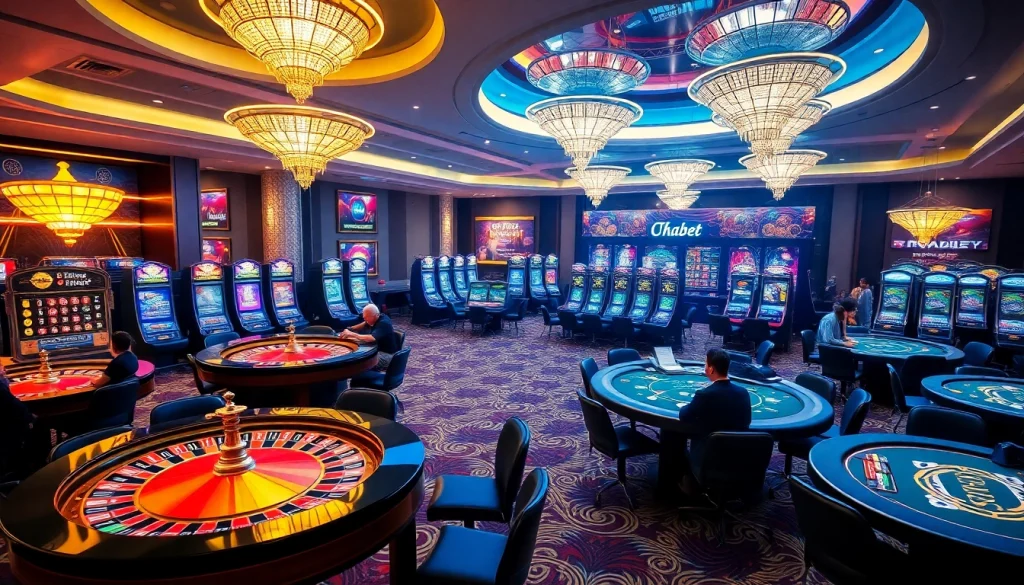 Engage with the exciting world of Trang chủ Thabet, featuring vibrant casino tables, colorful slot machines, and enthusiastic players.