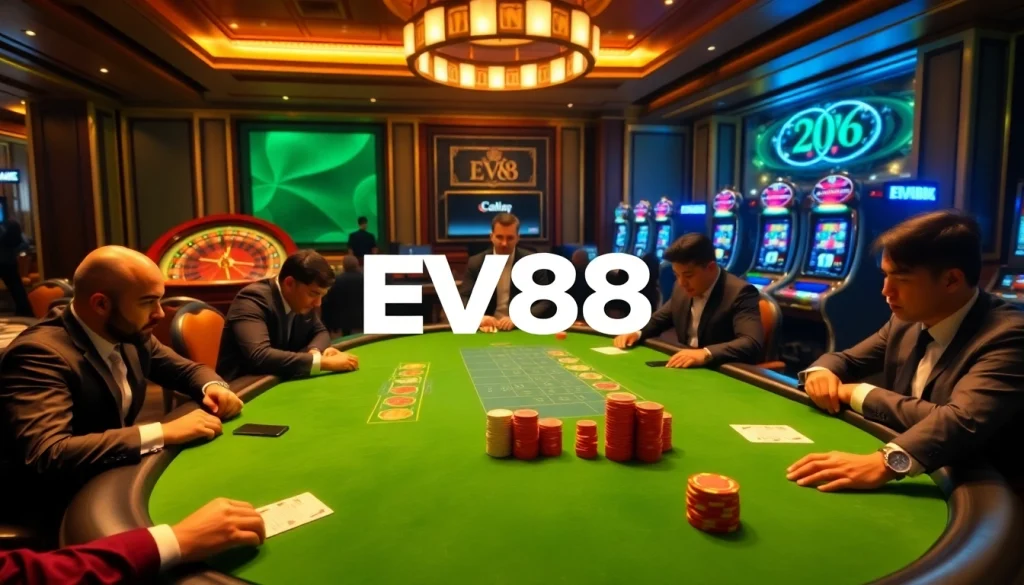 Experience elite gameplay at EV88 casino with vibrant poker tables and thrilling slot machines.