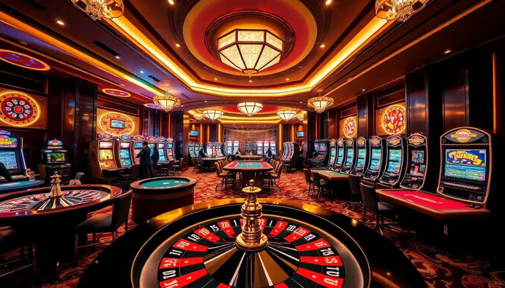 Exciting gaming action at Trang Chủ BJ88 with poker tables and roulette wheels.