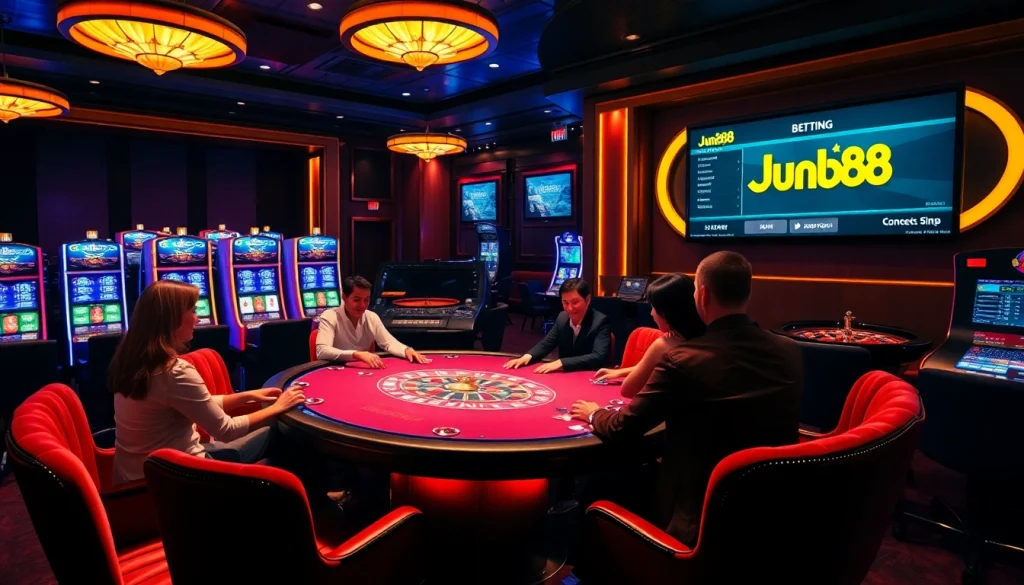 Engaged players at Jun88’s poker table showcasing high-stakes excitement in a luxurious casino setting.