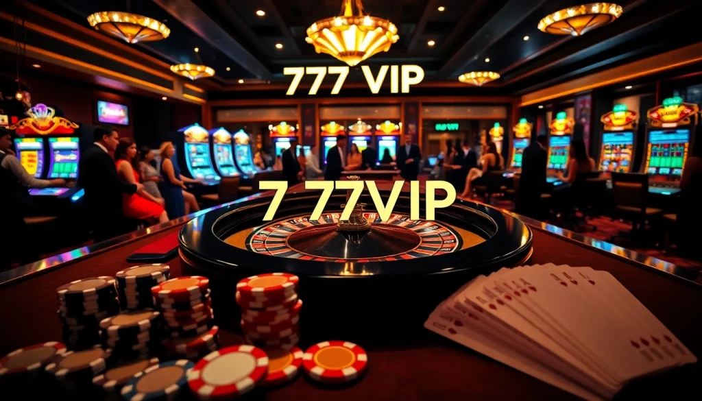 Players enjoying a thrilling game at the 777VIP casino with poker chips and a roulette table.