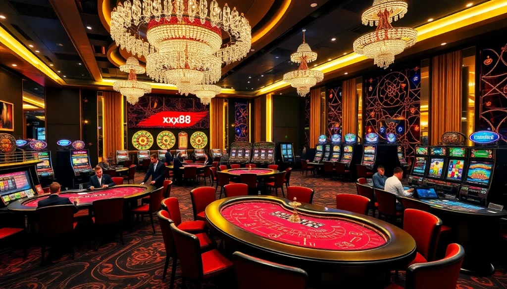 Exciting casino gaming experience at xx88 with players, slot machines, and a vibrant roulette wheel.