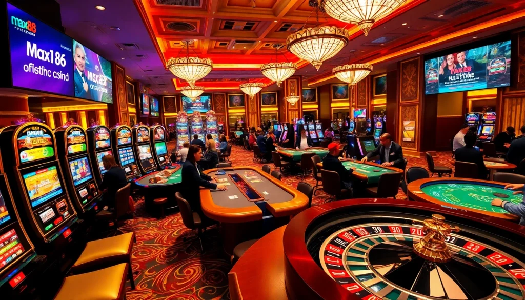 Experience gaming excitement at max88 casino with vibrant slot machines and poker tables.