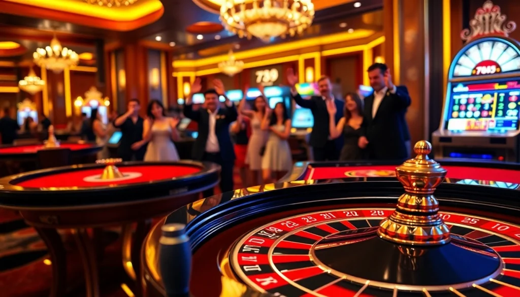 Experience the thrilling atmosphere of 789 win at an upscale casino with vibrant gaming tables.