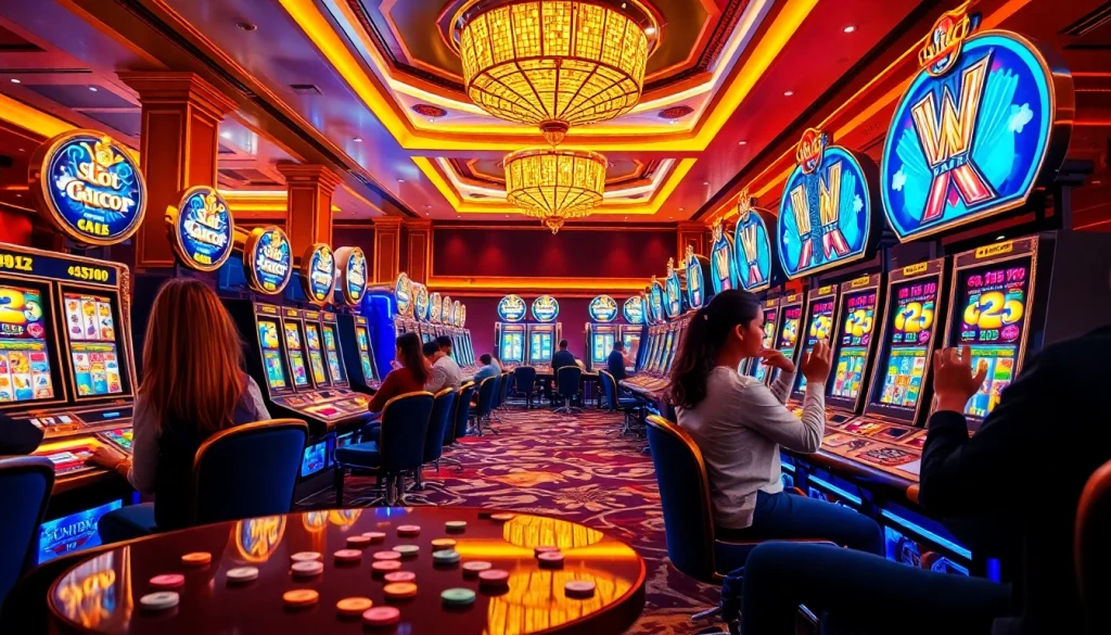 Exciting session at Slot Gacor machines in a luxurious casino setting with diverse players engaging.