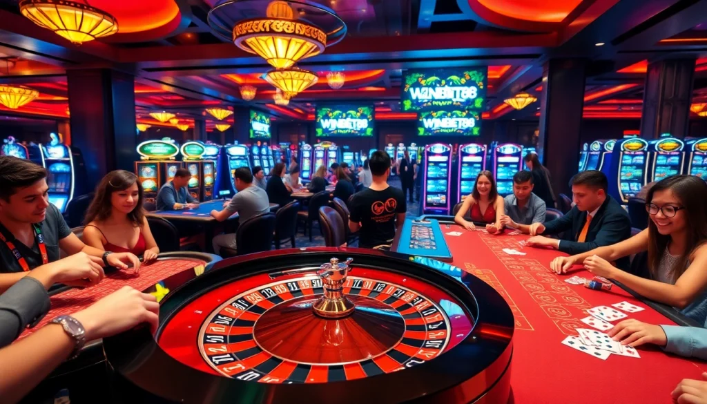 Players engaging in a thrilling casino experience at WINBET88 with vibrant games and bets.