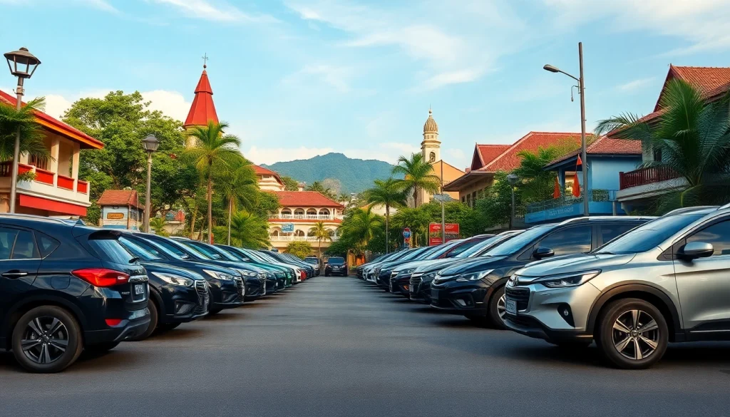 Kuching rent car options displayed in a vibrant street scene with iconic landmarks.
