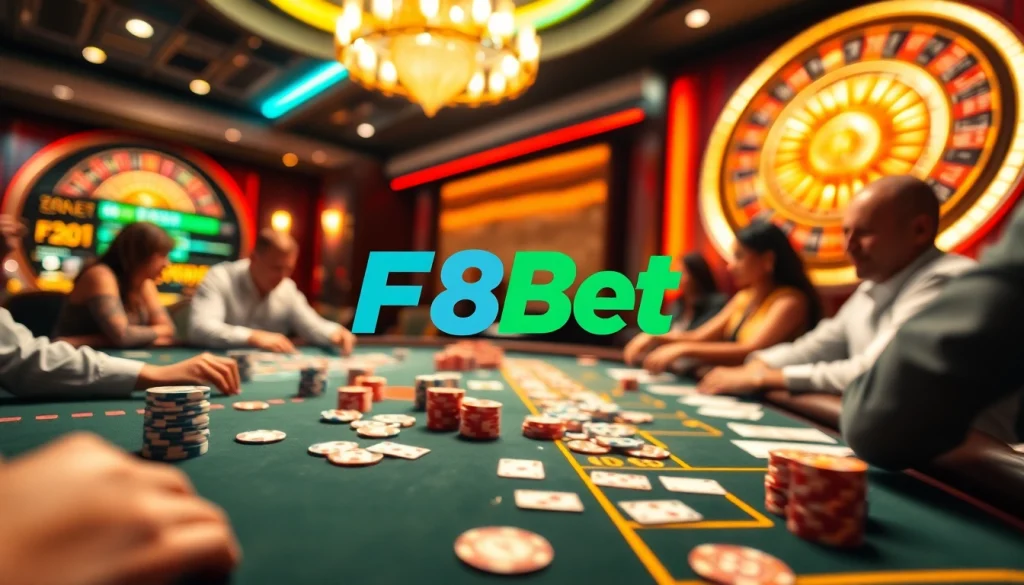 Players enjoying games at F8Bet's luxurious casino table under vibrant lights.