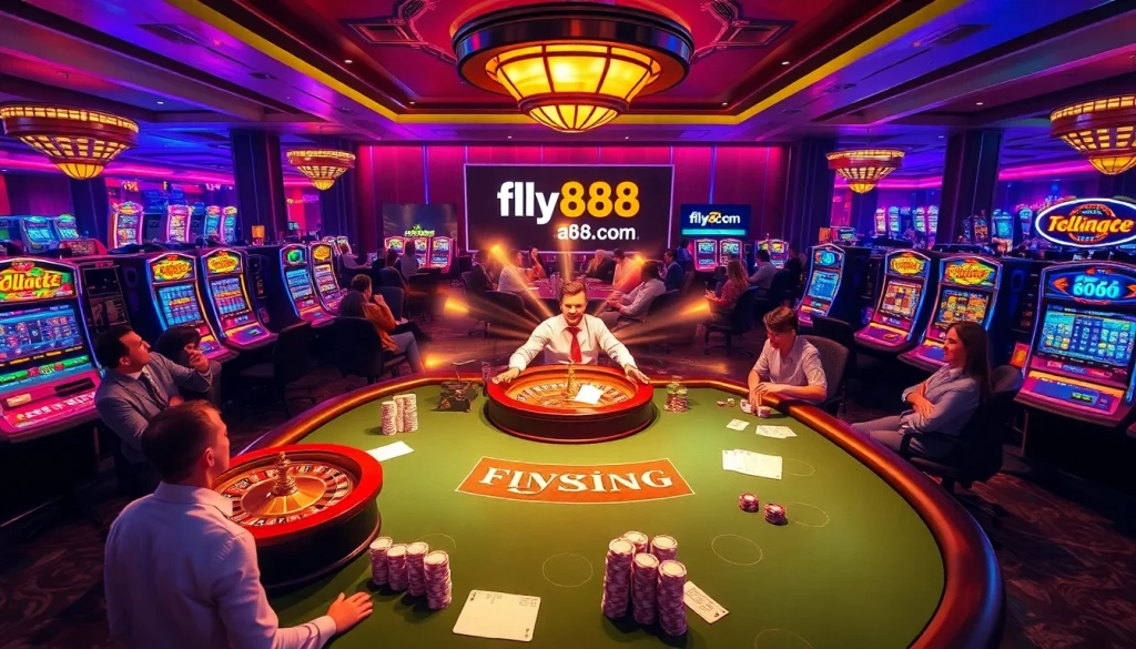 A lively casino scene featuring players engaged in games at fly88.com, showcasing a roulette table and flashing slot machines.