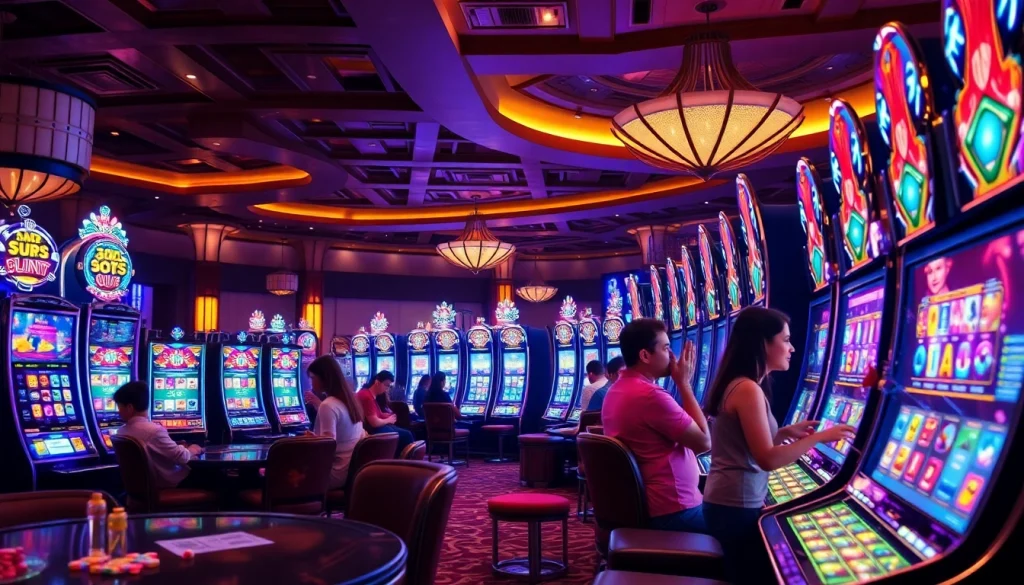 Slot enthusiasts spinning reels on luxurious machines in a vibrant casino atmosphere.