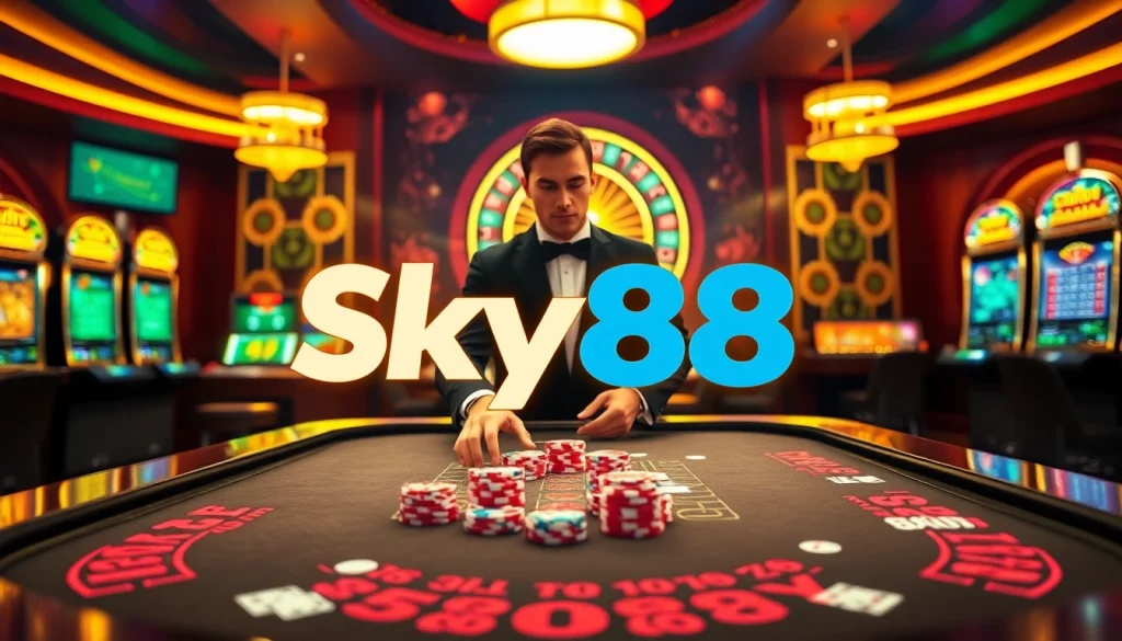 Engage in thrilling online gambling at Sky88 vn with vibrant casino tables, chips, and live dealers.