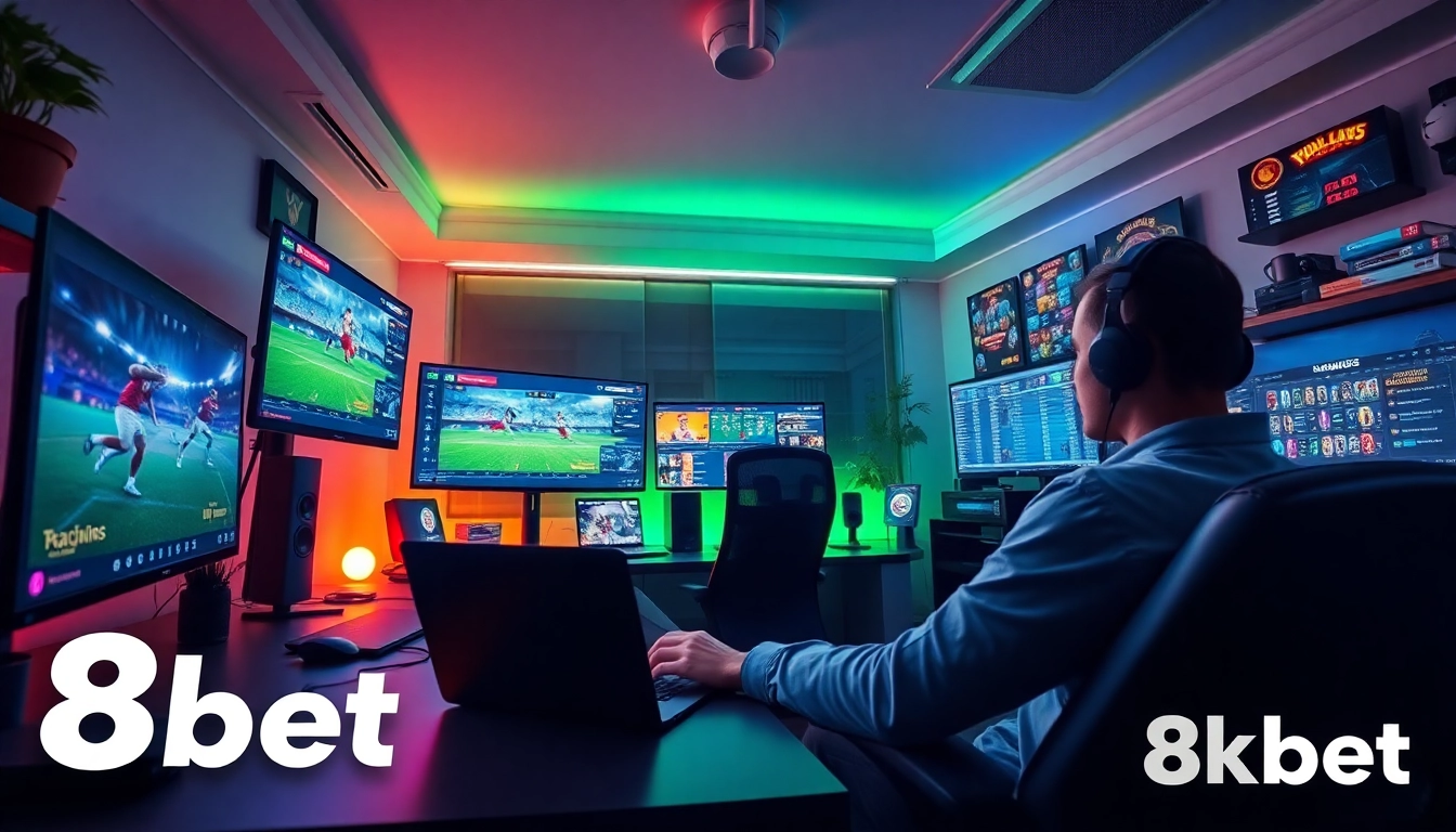 Engaged user enjoying online betting on 8Kbet with dynamic screens and a modern home office setup.