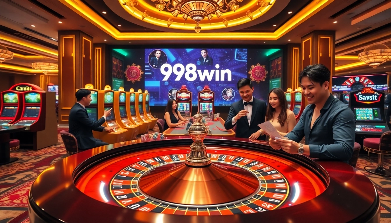 Exciting scene of a casino environment highlighting 98win trang chu with roulette and slot machines.