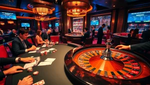 Players enjoying a thrilling blackjack game at https://jun88buzz.info/, amid luxurious casino ambiance.