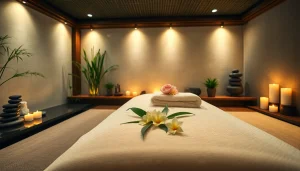 Spa Ads showcasing a serene massage table in a tranquil environment with flowers and calming colors.