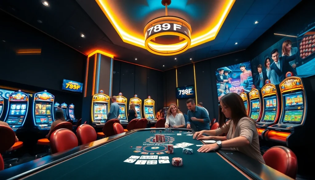 The lively casino scene representing online gambling at https://789ff.biz/ with vibrant slots and card games.