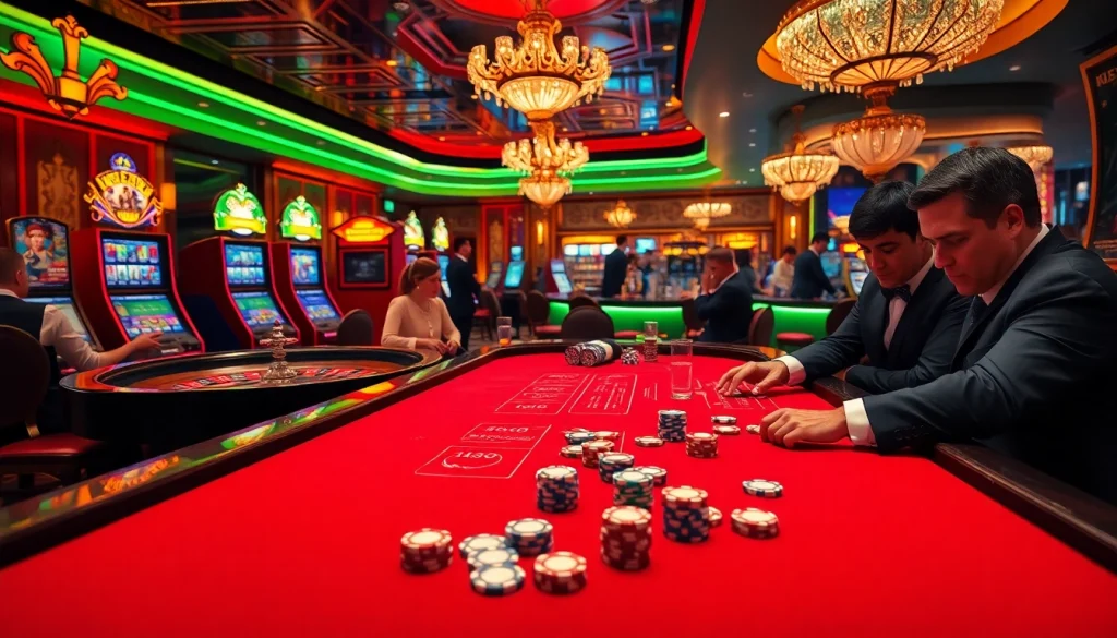 A captivating casino scene from https://thabet.vegas/ showcasing excited players at the roulette table and vibrant slot machines.