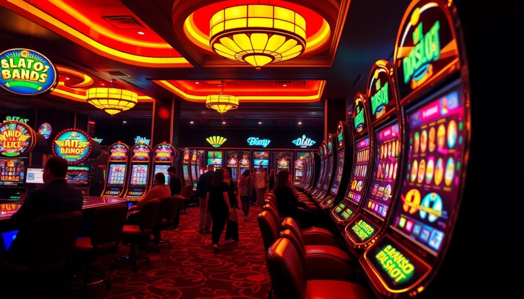 Exciting gameplay at a doaslot slot machine in a luxurious casino setting with vibrant colors.