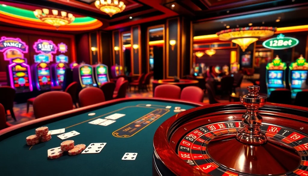 Exciting 12Bet casino scene highlighting poker and roulette close-up with chips and vibrant lighting.