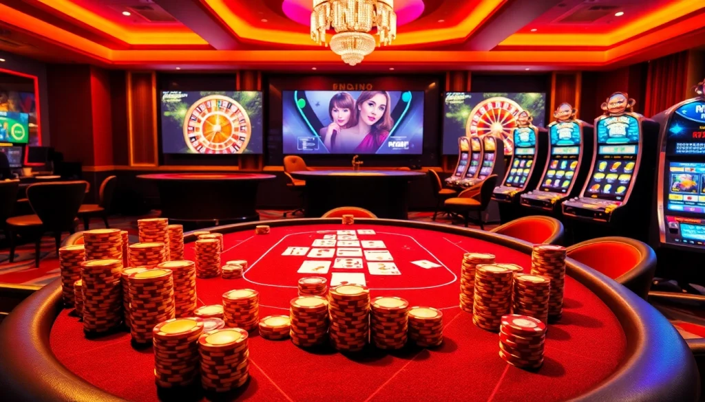 Experience thrilling poker action at RR88 with vibrant lighting and luxury casino elements.