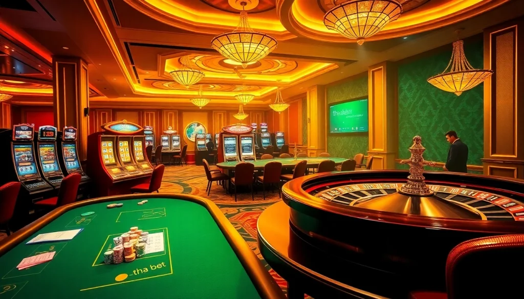 Experience thrilling gambling excitement with tha bet in a luxurious casino setting filled with tables and games.
