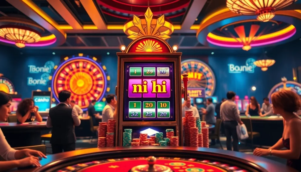 Experience the thrill of nổ hũ at a dazzling casino with vibrant slot machines and players.