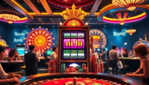 Experience the thrill of nổ hũ at a dazzling casino with vibrant slot machines and players.