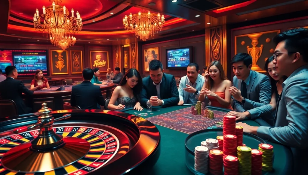 Engage in thrilling gameplay at 88i, featuring poker tables and roulette wheels in a luxurious casino setting.