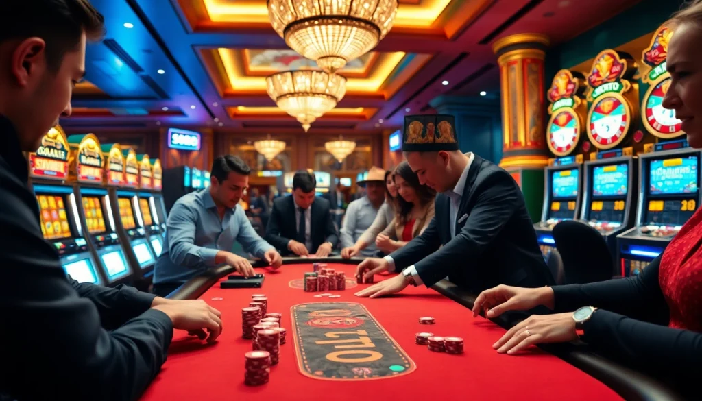SODO casino players enjoying intense poker action at a vibrant table.