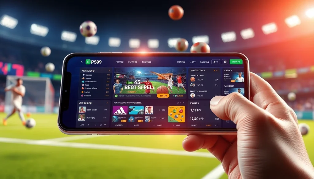 Dynamic interface showcasing PS99 online betting with live sports events and colorful graphics.