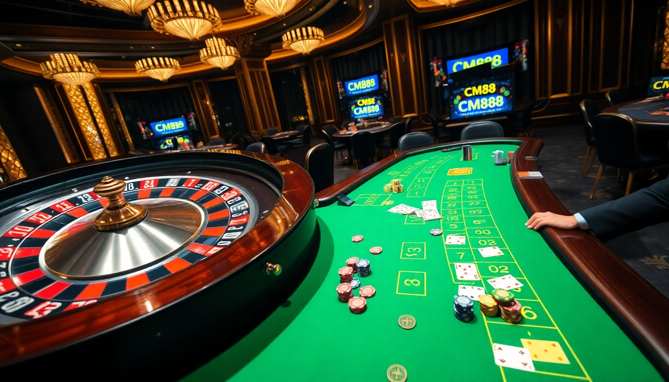 Players enjoy a thrilling casino experience with CM88 themed roulette and poker tables.