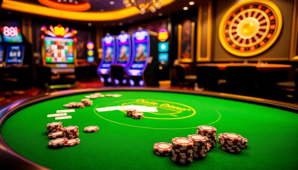 Experience the excitement of 88i with a luxurious casino table set for blackjack, surrounded by chips and cards.