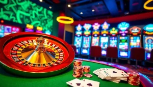 Roulette and poker chips in a luxurious casino environment showcasing RR88 excitement.