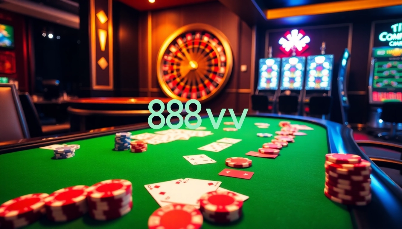 88vv casino scene with vibrant gaming table, poker chips, and slot machines.