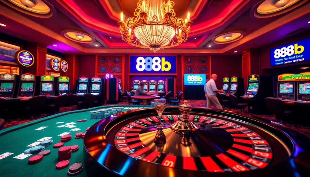 Players excitedly engaging with 888b gaming tables in a luxurious casino atmosphere.