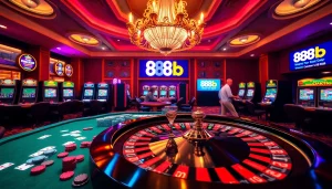 Players excitedly engaging with 888b gaming tables in a luxurious casino atmosphere.