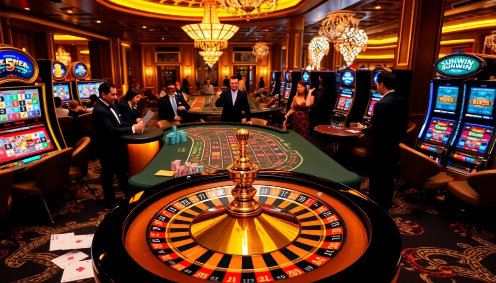 Players enjoying a thrilling sunwin casino experience at a vibrant gaming table.