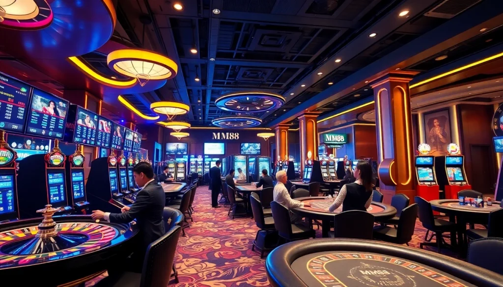 Experience the thrills of betting at MM88, featuring casino tables and players in a vibrant setting.