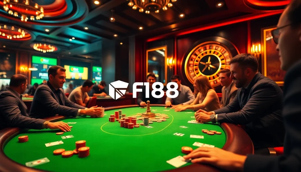 F168 players engage in a lively poker game, showcasing vibrant chips and cards.