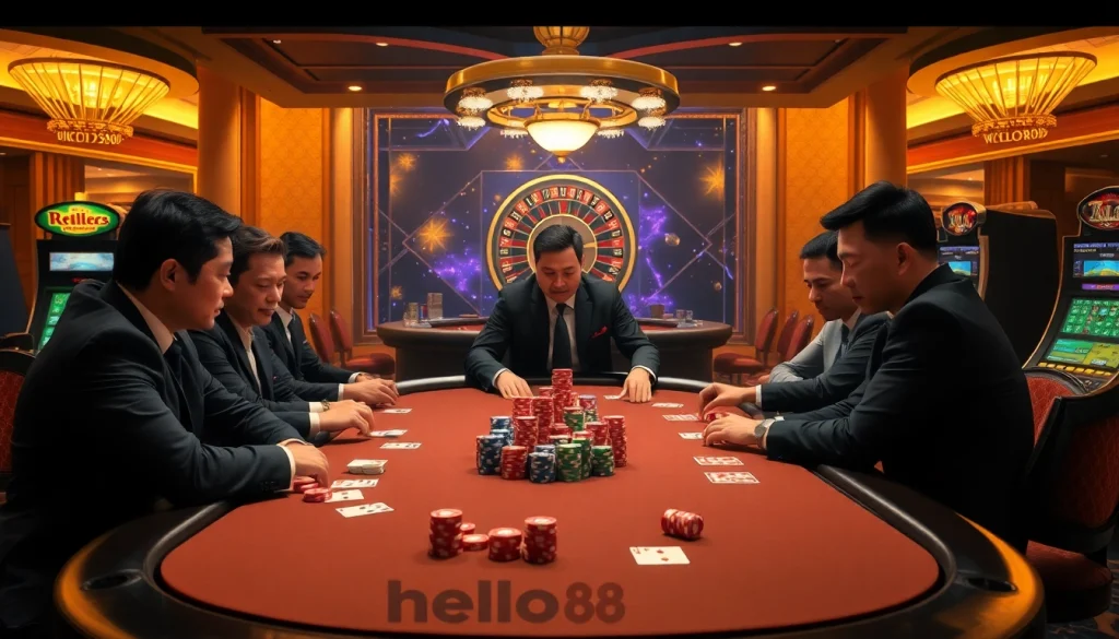 Players engaging in a thrilling poker game at hello88 casino, surrounded by vibrant chips and cards.