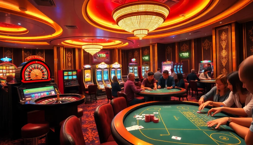 Excited players at vt88 enjoying vibrant casino games in a luxurious atmosphere.