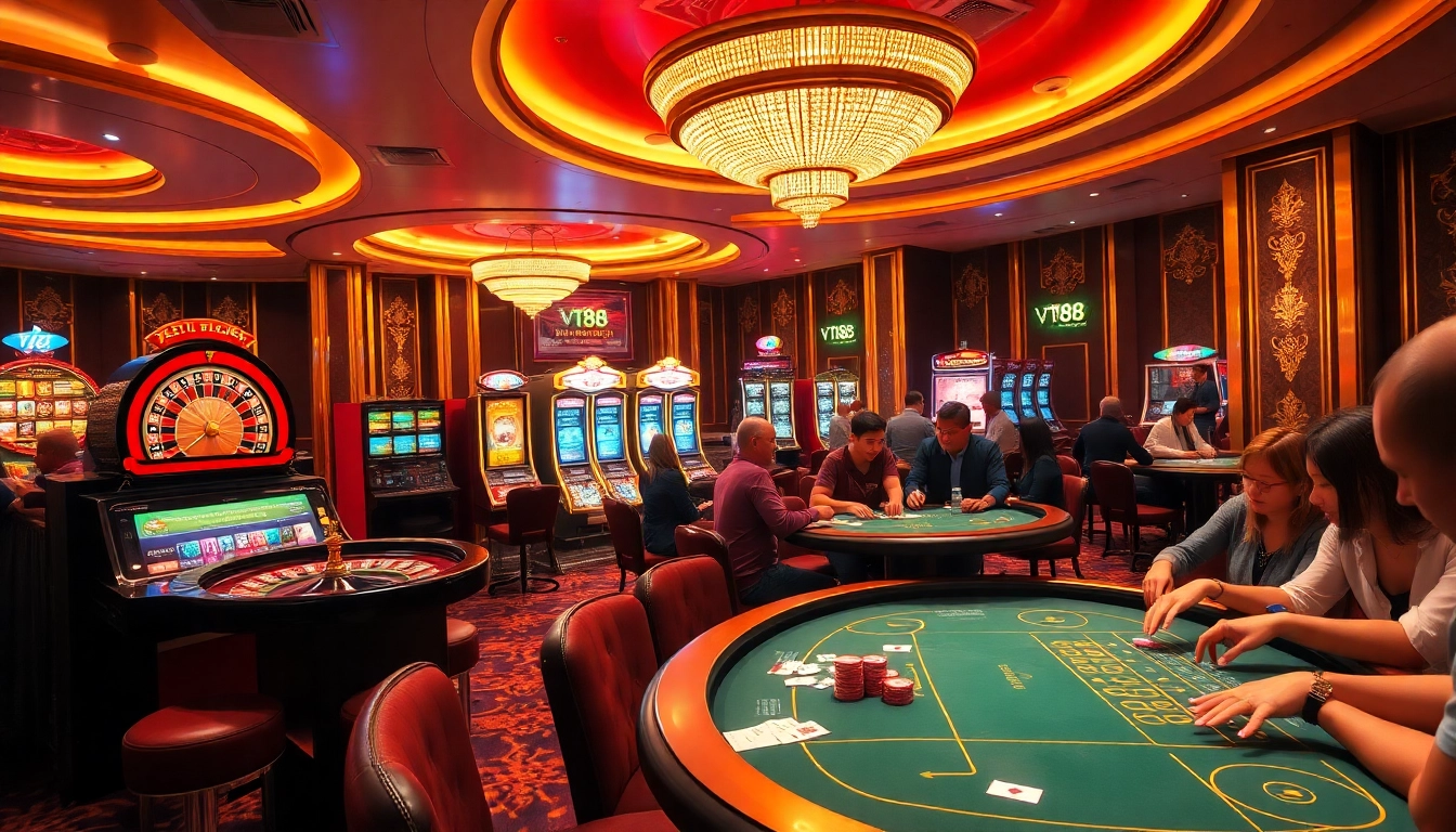 Excited players at vt88 enjoying vibrant casino games in a luxurious atmosphere.