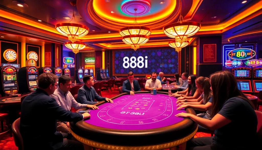 Engaged gamblers playing poker at an upscale casino featuring '88i' in the decor.