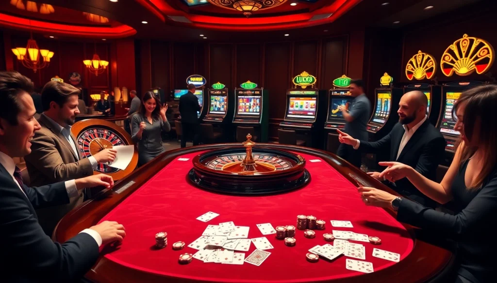 Người chơi LUCK8 ăn mừng chiến thắng tại bàn casino sang trọng, xung quanh là bài và chip.