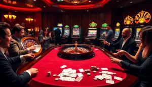 Người chơi LUCK8 ăn mừng chiến thắng tại bàn casino sang trọng, xung quanh là bài và chip.