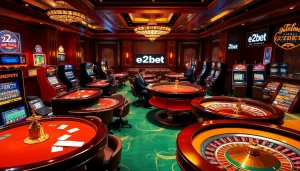 Engage with thrilling e2bet casino games featuring vibrant tables and excited players.