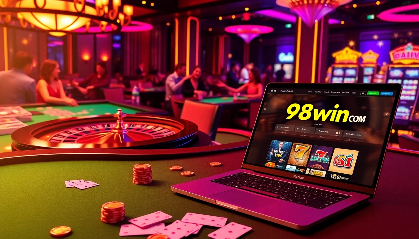 Engaging casino scene featuring players at 98win com with roulette and poker chips, exuding excitement.