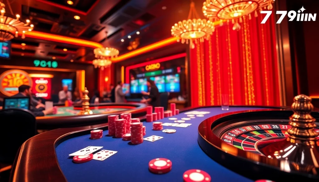 Players enjoying an exhilarating moment at 79win casino with vibrant chips and a spinning roulette wheel.